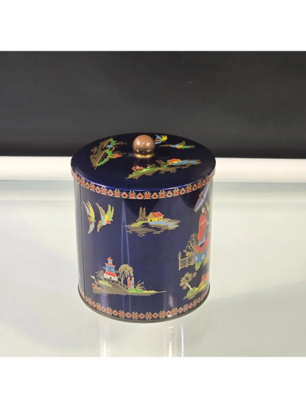 Vintage Daher Design Candy Biscuit Tin Made in England Navy Blue Asian Themed
